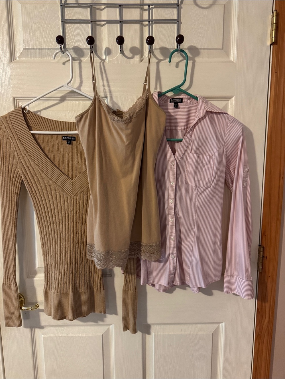 Express Trio: Beige Ribbed V-Neck Sweater, Camisole & Pink Stripe Shirt